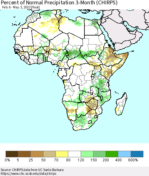 Africa Percent of Normal Precipitation 3-Month (CHIRPS) Thematic Map For 2/6/2022 - 5/5/2022