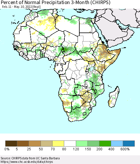 Africa Percent of Normal Precipitation 3-Month (CHIRPS) Thematic Map For 2/11/2022 - 5/10/2022
