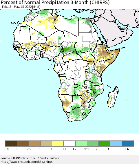 Africa Percent of Normal Precipitation 3-Month (CHIRPS) Thematic Map For 2/16/2022 - 5/15/2022
