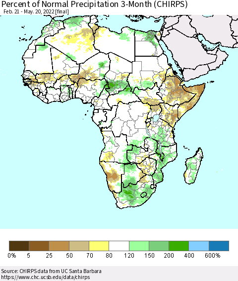 Africa Percent of Normal Precipitation 3-Month (CHIRPS) Thematic Map For 2/21/2022 - 5/20/2022