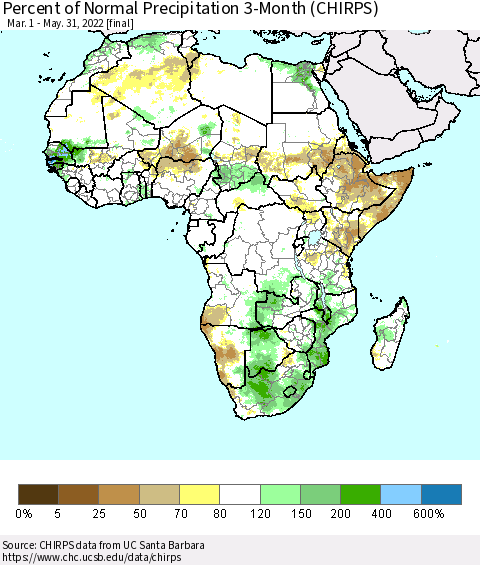 Africa Percent of Normal Precipitation 3-Month (CHIRPS) Thematic Map For 3/1/2022 - 5/31/2022