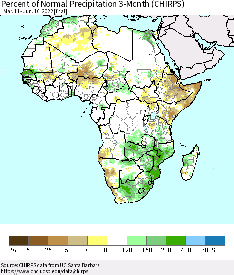Africa Percent of Normal Precipitation 3-Month (CHIRPS) Thematic Map For 3/11/2022 - 6/10/2022