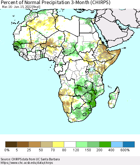 Africa Percent of Normal Precipitation 3-Month (CHIRPS) Thematic Map For 3/16/2022 - 6/15/2022