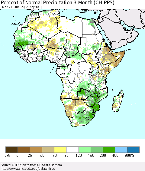 Africa Percent of Normal Precipitation 3-Month (CHIRPS) Thematic Map For 3/21/2022 - 6/20/2022