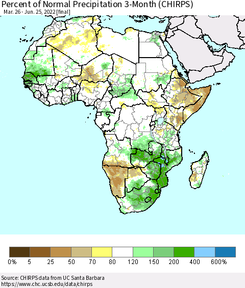 Africa Percent of Normal Precipitation 3-Month (CHIRPS) Thematic Map For 3/26/2022 - 6/25/2022