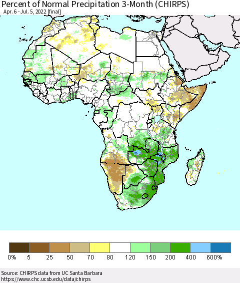 Africa Percent of Normal Precipitation 3-Month (CHIRPS) Thematic Map For 4/6/2022 - 7/5/2022