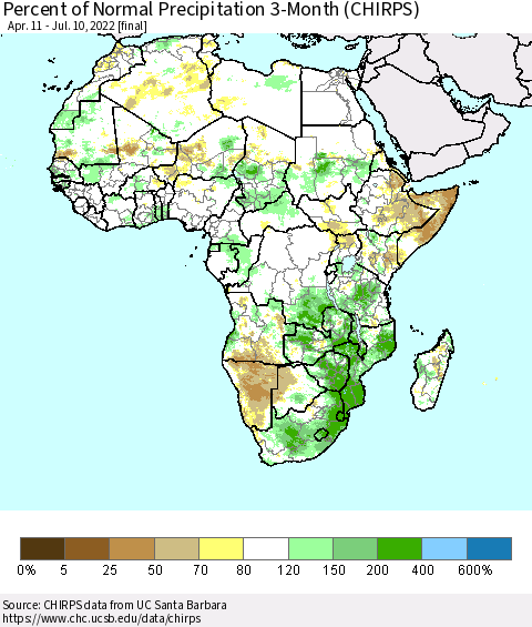 Africa Percent of Normal Precipitation 3-Month (CHIRPS) Thematic Map For 4/11/2022 - 7/10/2022