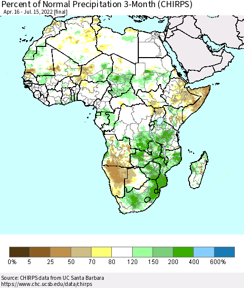Africa Percent of Normal Precipitation 3-Month (CHIRPS) Thematic Map For 4/16/2022 - 7/15/2022
