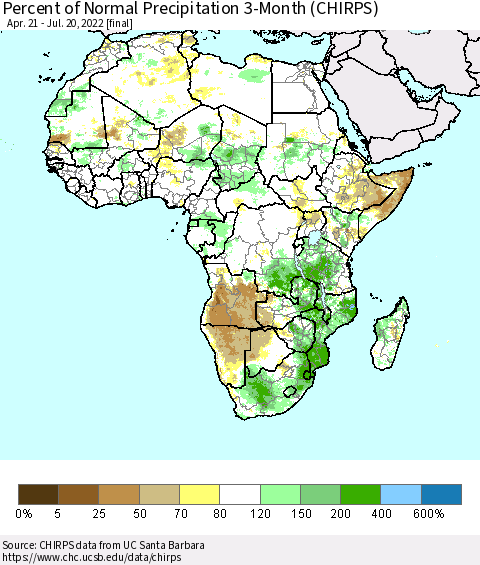 Africa Percent of Normal Precipitation 3-Month (CHIRPS) Thematic Map For 4/21/2022 - 7/20/2022