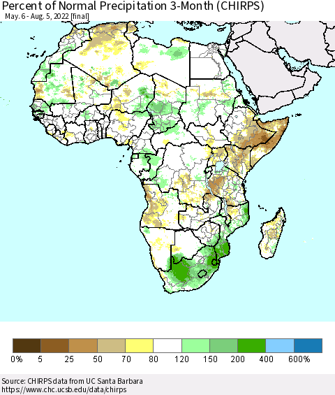 Africa Percent of Normal Precipitation 3-Month (CHIRPS) Thematic Map For 5/6/2022 - 8/5/2022