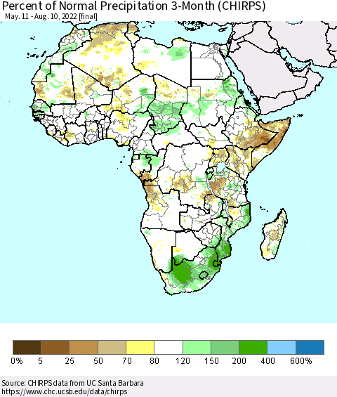 Africa Percent of Normal Precipitation 3-Month (CHIRPS) Thematic Map For 5/11/2022 - 8/10/2022