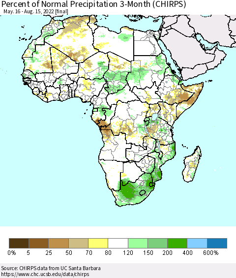 Africa Percent of Normal Precipitation 3-Month (CHIRPS) Thematic Map For 5/16/2022 - 8/15/2022