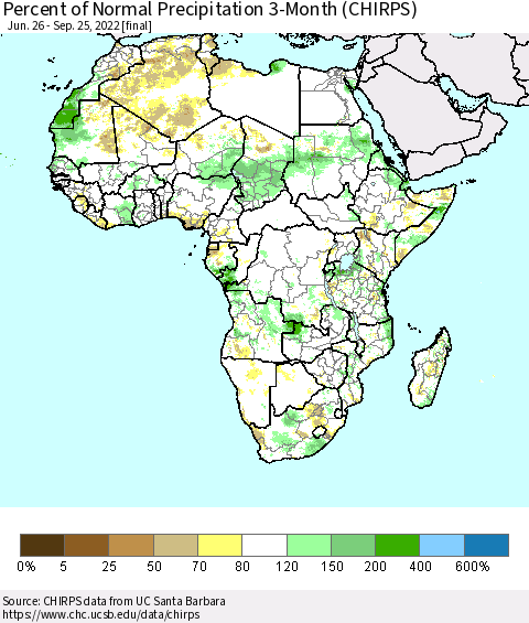 Africa Percent of Normal Precipitation 3-Month (CHIRPS) Thematic Map For 6/26/2022 - 9/25/2022