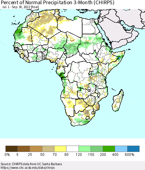 Africa Percent of Normal Precipitation 3-Month (CHIRPS) Thematic Map For 7/1/2022 - 9/30/2022