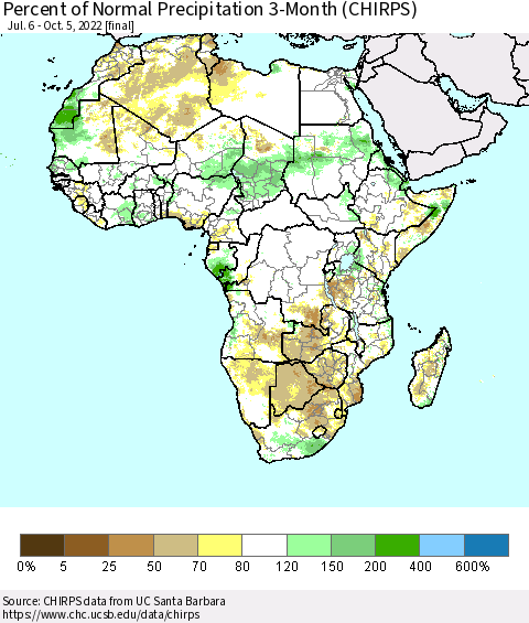 Africa Percent of Normal Precipitation 3-Month (CHIRPS) Thematic Map For 7/6/2022 - 10/5/2022