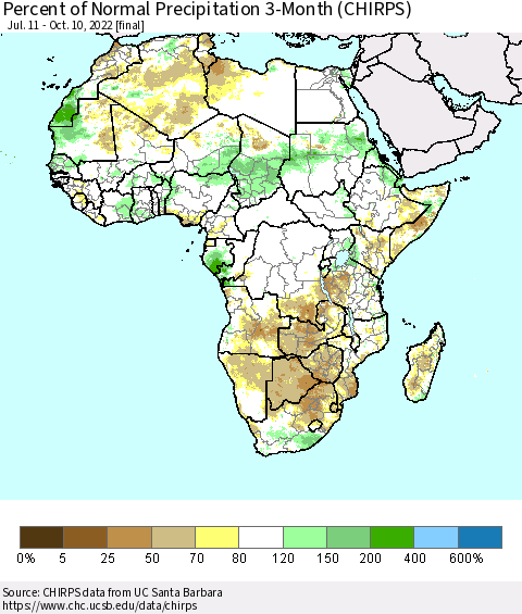 Africa Percent of Normal Precipitation 3-Month (CHIRPS) Thematic Map For 7/11/2022 - 10/10/2022