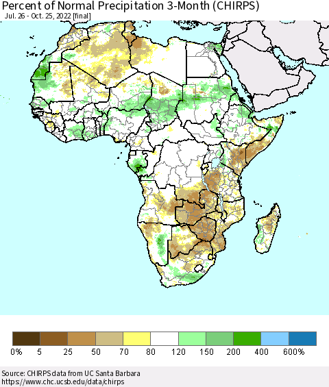 Africa Percent of Normal Precipitation 3-Month (CHIRPS) Thematic Map For 7/26/2022 - 10/25/2022