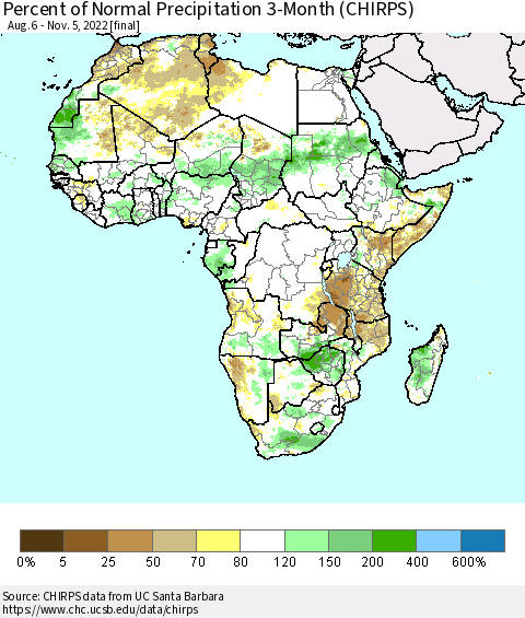 Africa Percent of Normal Precipitation 3-Month (CHIRPS) Thematic Map For 8/6/2022 - 11/5/2022