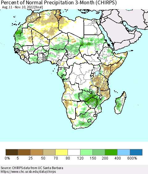 Africa Percent of Normal Precipitation 3-Month (CHIRPS) Thematic Map For 8/11/2022 - 11/10/2022
