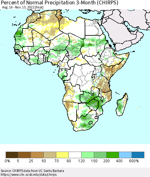 Africa Percent of Normal Precipitation 3-Month (CHIRPS) Thematic Map For 8/16/2022 - 11/15/2022