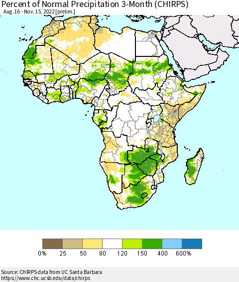 Africa Percent of Normal Precipitation 3-Month (CHIRPS) Thematic Map For 8/16/2022 - 11/15/2022