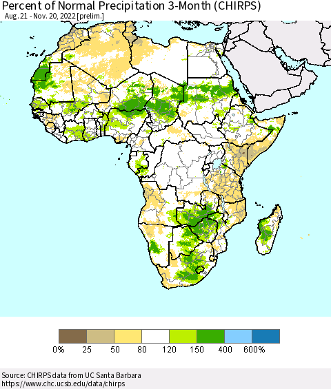 Africa Percent of Normal Precipitation 3-Month (CHIRPS) Thematic Map For 8/21/2022 - 11/20/2022