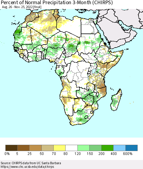 Africa Percent of Normal Precipitation 3-Month (CHIRPS) Thematic Map For 8/26/2022 - 11/25/2022