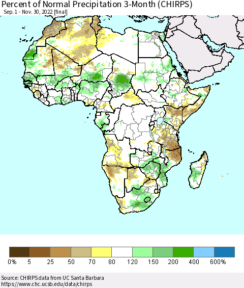 Africa Percent of Normal Precipitation 3-Month (CHIRPS) Thematic Map For 9/1/2022 - 11/30/2022