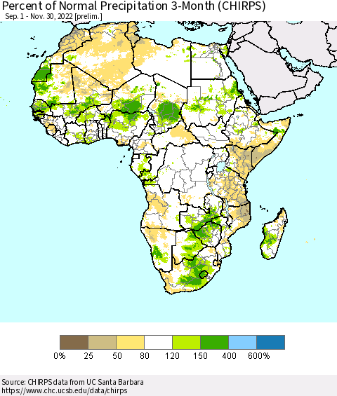 Africa Percent of Normal Precipitation 3-Month (CHIRPS) Thematic Map For 9/1/2022 - 11/30/2022