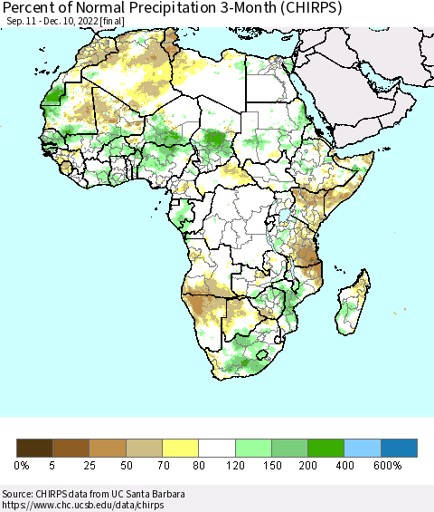 Africa Percent of Normal Precipitation 3-Month (CHIRPS) Thematic Map For 9/11/2022 - 12/10/2022