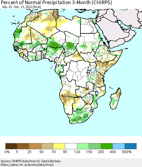 Africa Percent of Normal Precipitation 3-Month (CHIRPS) Thematic Map For 9/16/2022 - 12/15/2022