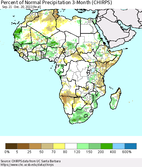 Africa Percent of Normal Precipitation 3-Month (CHIRPS) Thematic Map For 9/21/2022 - 12/20/2022