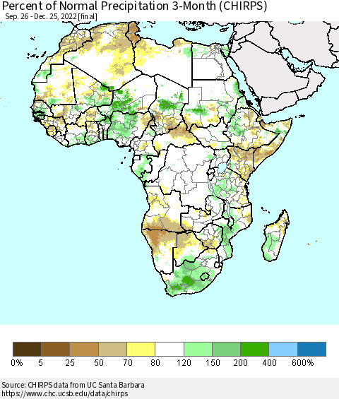 Africa Percent of Normal Precipitation 3-Month (CHIRPS) Thematic Map For 9/26/2022 - 12/25/2022