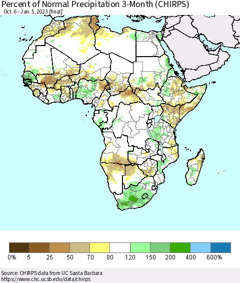 Africa Percent of Normal Precipitation 3-Month (CHIRPS) Thematic Map For 10/6/2022 - 1/5/2023