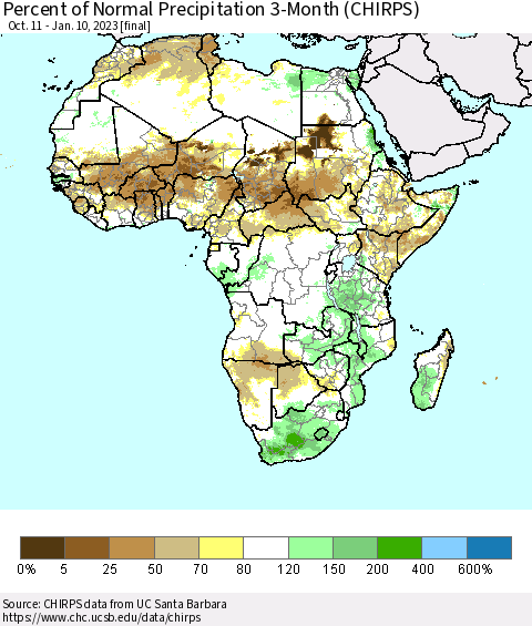 Africa Percent of Normal Precipitation 3-Month (CHIRPS) Thematic Map For 10/11/2022 - 1/10/2023