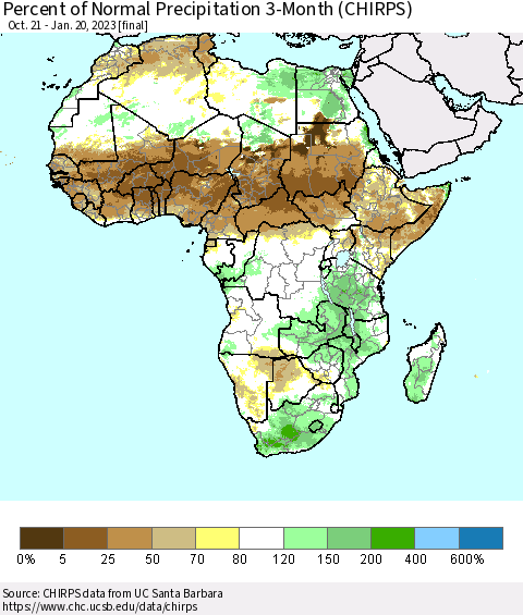 Africa Percent of Normal Precipitation 3-Month (CHIRPS) Thematic Map For 10/21/2022 - 1/20/2023
