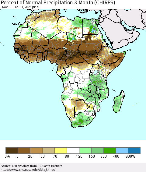 Africa Percent of Normal Precipitation 3-Month (CHIRPS) Thematic Map For 11/1/2022 - 1/31/2023