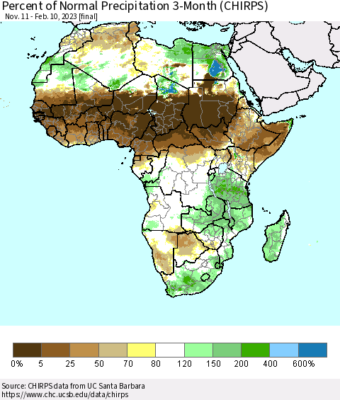 Africa Percent of Normal Precipitation 3-Month (CHIRPS) Thematic Map For 11/11/2022 - 2/10/2023