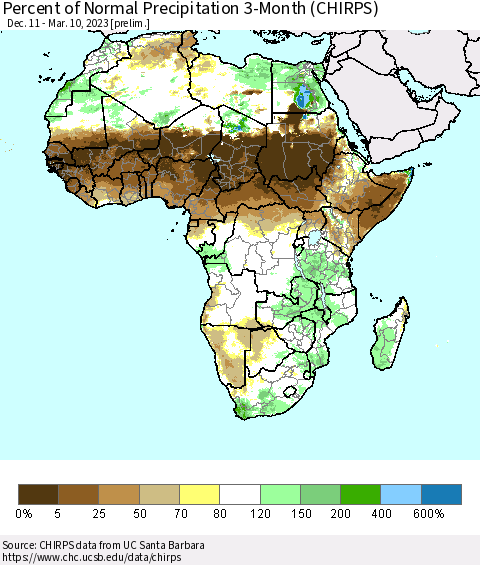 Africa Percent of Normal Precipitation 3-Month (CHIRPS) Thematic Map For 12/11/2022 - 3/10/2023