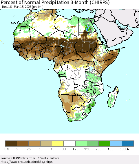 Africa Percent of Normal Precipitation 3-Month (CHIRPS) Thematic Map For 12/16/2022 - 3/15/2023