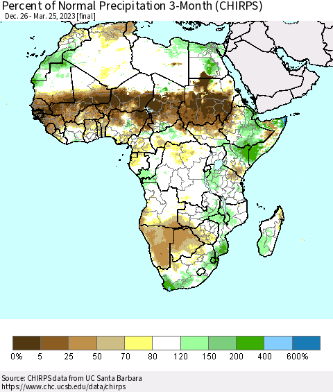 Africa Percent of Normal Precipitation 3-Month (CHIRPS) Thematic Map For 12/26/2022 - 3/25/2023