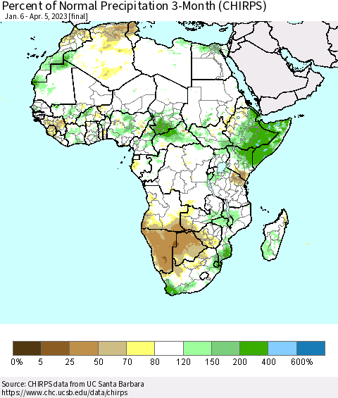 Africa Percent of Normal Precipitation 3-Month (CHIRPS) Thematic Map For 1/6/2023 - 4/5/2023