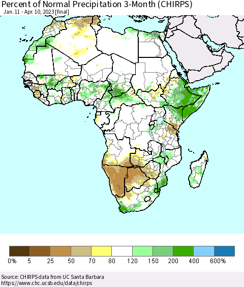 Africa Percent of Normal Precipitation 3-Month (CHIRPS) Thematic Map For 1/11/2023 - 4/10/2023