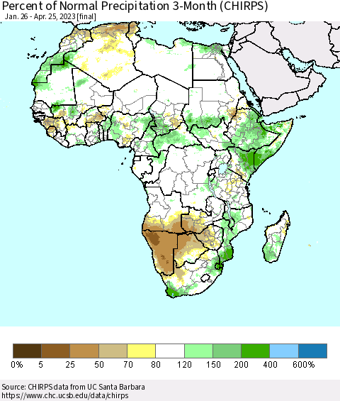 Africa Percent of Normal Precipitation 3-Month (CHIRPS) Thematic Map For 1/26/2023 - 4/25/2023