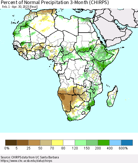 Africa Percent of Normal Precipitation 3-Month (CHIRPS) Thematic Map For 2/1/2023 - 4/30/2023