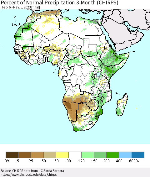 Africa Percent of Normal Precipitation 3-Month (CHIRPS) Thematic Map For 2/6/2023 - 5/5/2023