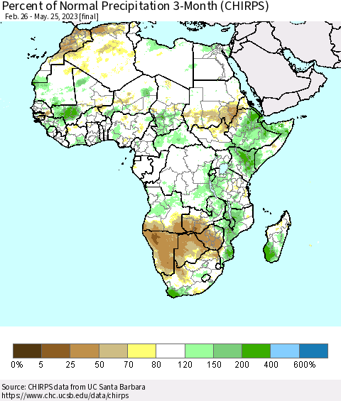 Africa Percent of Normal Precipitation 3-Month (CHIRPS) Thematic Map For 2/26/2023 - 5/25/2023
