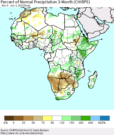 Africa Percent of Normal Precipitation 3-Month (CHIRPS) Thematic Map For 3/6/2023 - 6/5/2023