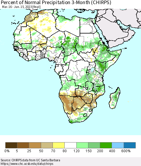 Africa Percent of Normal Precipitation 3-Month (CHIRPS) Thematic Map For 3/16/2023 - 6/15/2023