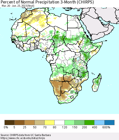 Africa Percent of Normal Precipitation 3-Month (CHIRPS) Thematic Map For 3/26/2023 - 6/25/2023